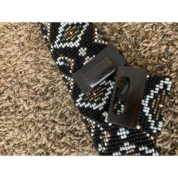Express Beaded Mosiac Diamond Print Belt Womens Sz M Wooden Buckle Boho Western - Picture 3 of 8